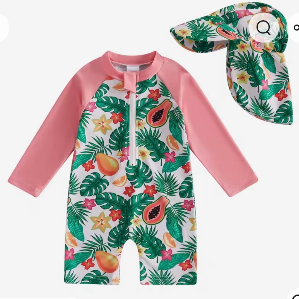 New baby girl Tropical Print Rash Guard Swimsuit and Sun Hat 6-12 months